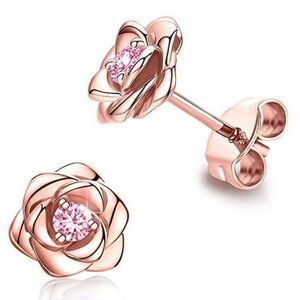 Rose Gold Plated Flower Stud Earrings PINK Cubic Zirconia Womens Classy Jewelry